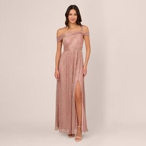 Adrianna Papell Crinkle Metallic Gown With Asymmetrical Neckline In Petal Gold S